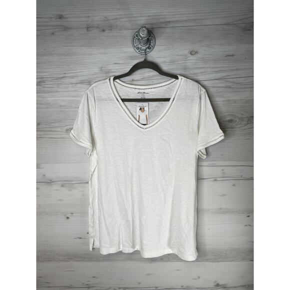 Eddie Bauer Shirt Womens Large White V Neck Slub Short Sleeve Ladder Trim Tee - Picture 1 of 8